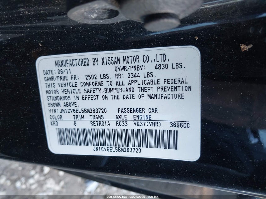 2011 Infiniti G37 VIN JN1CV6EL5BM263720 IAAI salvage auction — ROLLOVER, Salvage (Pennsylvania), sold $25 on 2026-07-07 (photo 9)