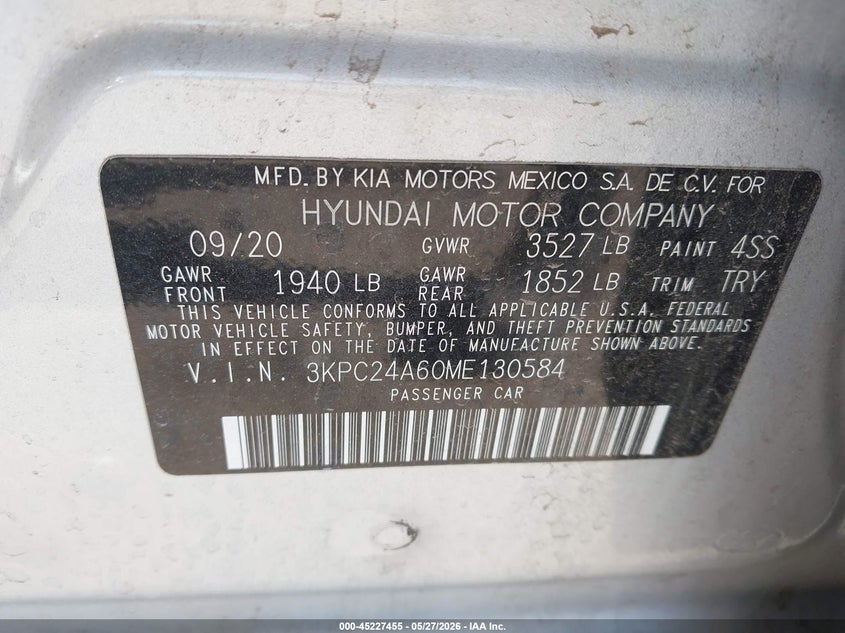 2021 Hyundai Accent VIN 3KPC24A60ME130584 IAAI salvage auction — FRONT END, Salvage Title, sold $525 on 2026-08-24 (photo 9)