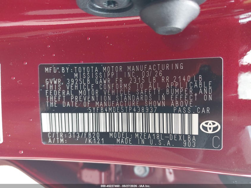 2026 Toyota Corolla VIN 5YFB4MDE5TP438937 IAAI salvage auction — FRONT END, Salvage (Alabama), sold $1,800 on 2026-07-22 (photo 9)