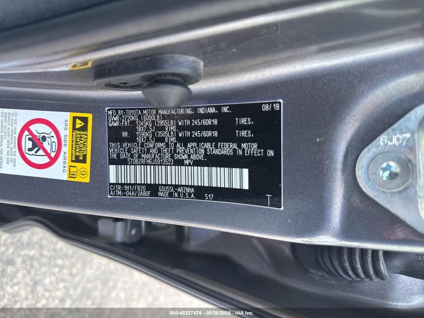 2018 Toyota Highlander VIN 5TDBZRFH6JS913523 IAAI salvage auction — NORMAL WEAR, Clear (New York), sold $9,925 on 2026-07-08 (photo 9)
