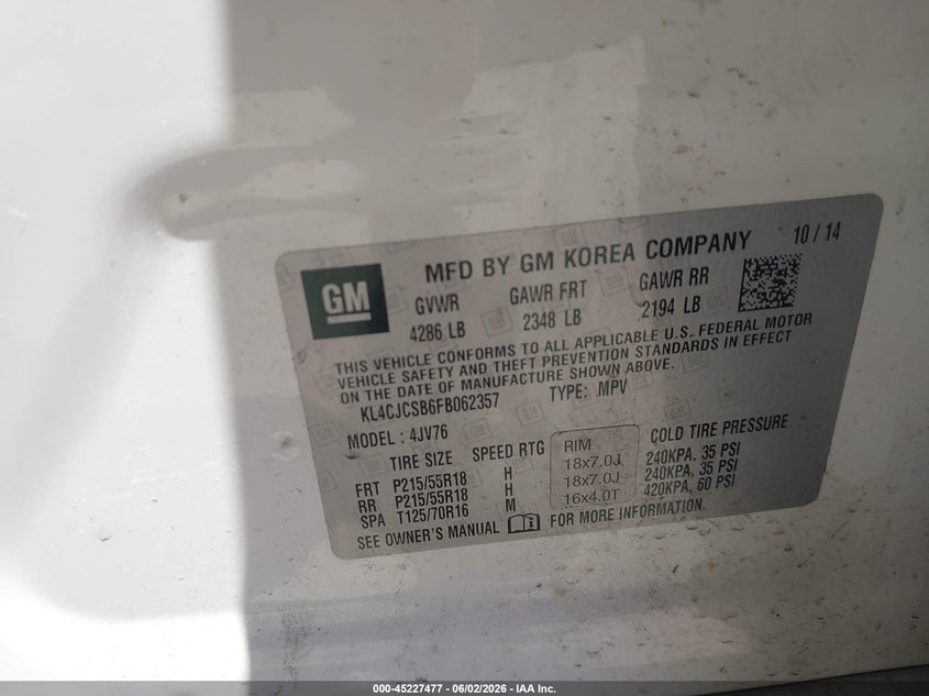 2015 Buick Encore VIN KL4CJCSB6FB062357 IAAI salvage auction — FRONT END, Salvage Title, sold $475 on 2026-07-07 (photo 9)