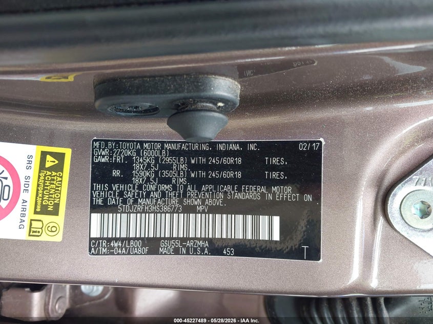 2017 Toyota Highlander VIN 5TDJZRFH3HS386773 IAAI salvage auction — FRONT END, Salvage (New Hampshire), sold $7,300 on 2026-07-29 (photo 9)