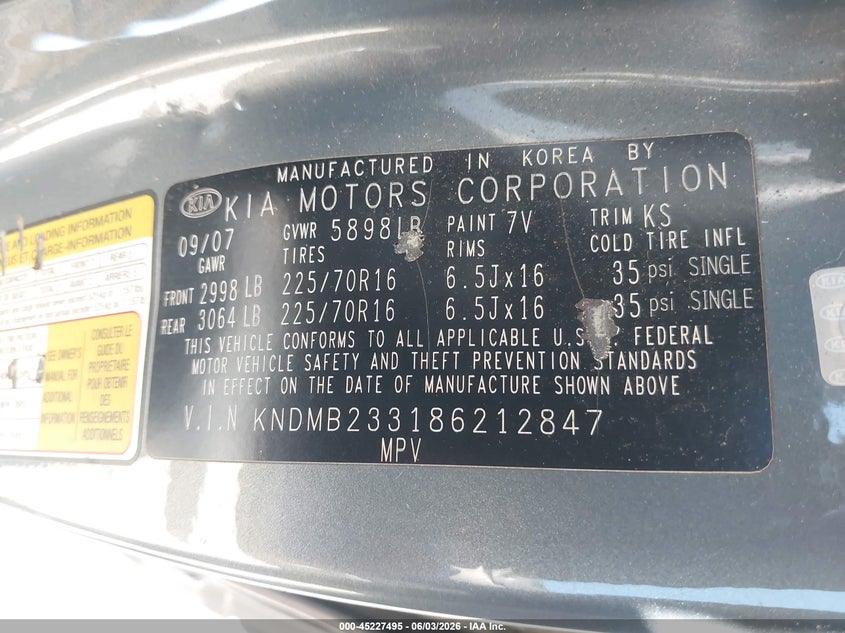 2008 Kia SEDONA VIN KNDMB233186212847 IAAI salvage auction — ELECTRICAL, Salvage (Pennsylvania), sold $225 on 2026-07-17 (photo 9)