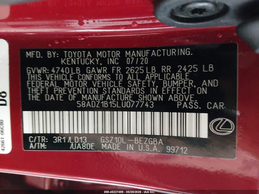 2020 Lexus ES VIN 58ADZ1B15LU077743 IAAI salvage auction — FRONT END, Clear (Oklahoma), sold $13,100 on 2026-08-01 (photo 9)