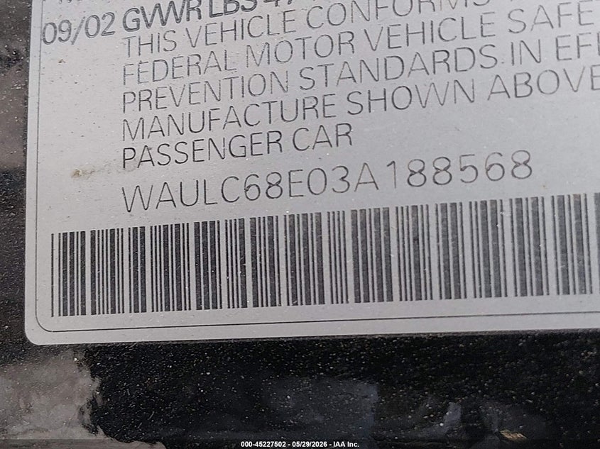 2003 Audi A4 VIN WAULC68E03A188568 IAAI salvage auction — FRONT & REAR, Salvage (Oregon), sold $200 on 2026-07-20 (photo 9)