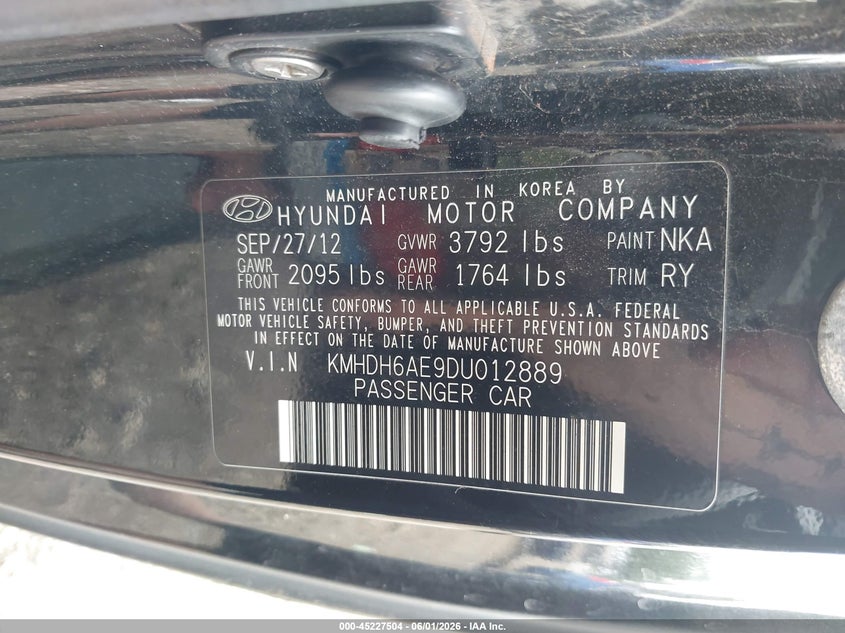 2013 Hyundai Elantra VIN KMHDH6AE9DU012889 IAAI salvage auction — FRONT & REAR, Salvage Title, sold $375 on 2026-07-08 (photo 9)