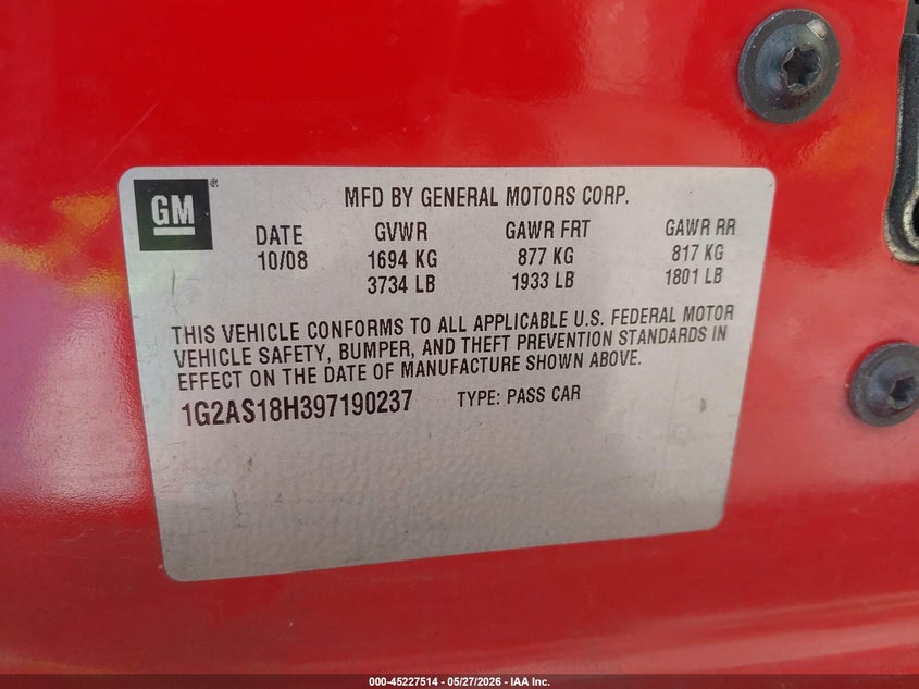 2009 Pontiac G5 VIN 1G2AS18H397190237 IAAI salvage auction — FRONT END, Salvage (Missouri), sold $100 on 2026-08-31 (photo 9)