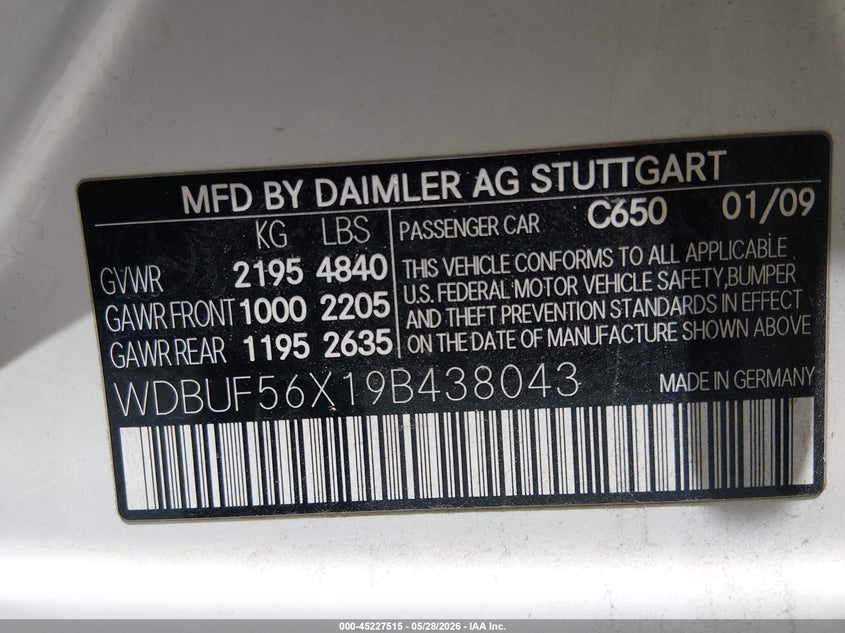 2009 Mercedes-benz E-klasse VIN WDBUF56X19B438043 IAAI salvage auction — LEFT FRONT, Salvage (Texas), sold $750 on 2026-08-18 (photo 9)