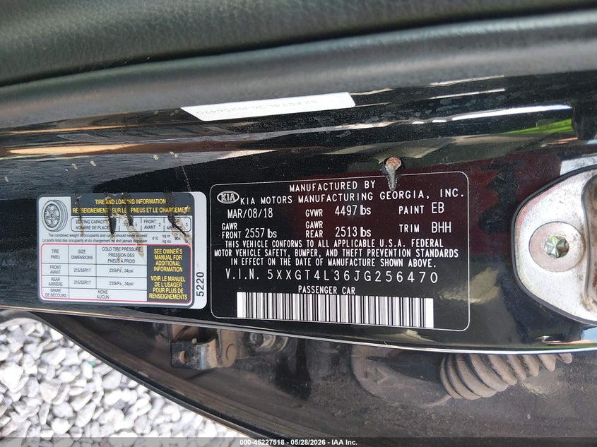 2018 Kia Optima VIN 5XXGT4L36JG256470 IAAI salvage auction — FRONT END, Salvage (Alabama), sold $775 on 2026-07-29 (photo 9)