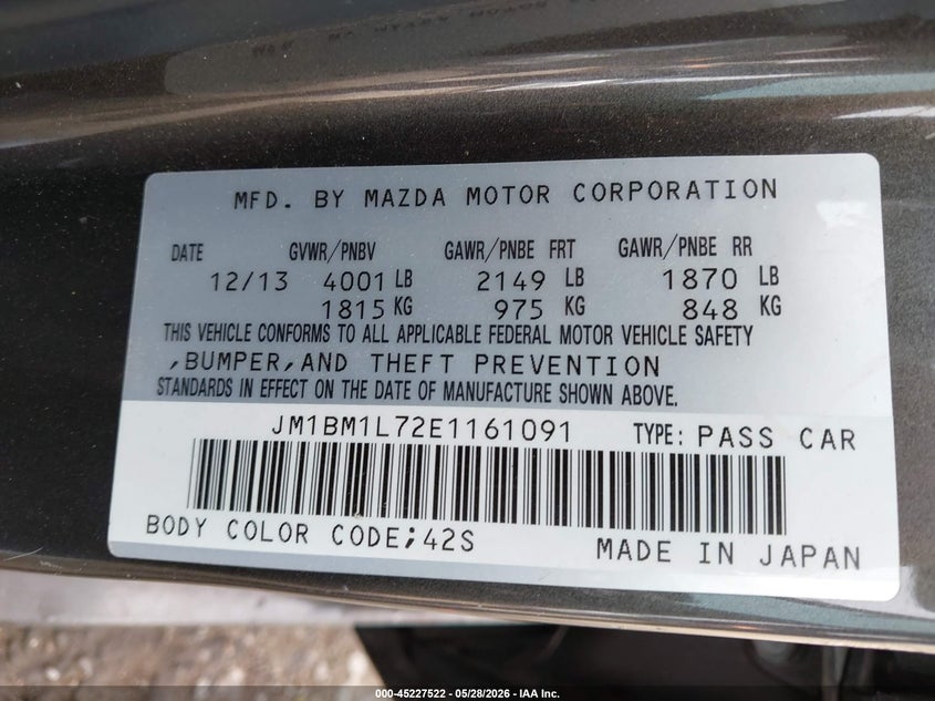 2014 Mazda 3 VIN JM1BM1L72E1161091 IAAI salvage auction — FRONT END, Salvage (New Mexico), sold $950 on 2026-07-20 (photo 9)