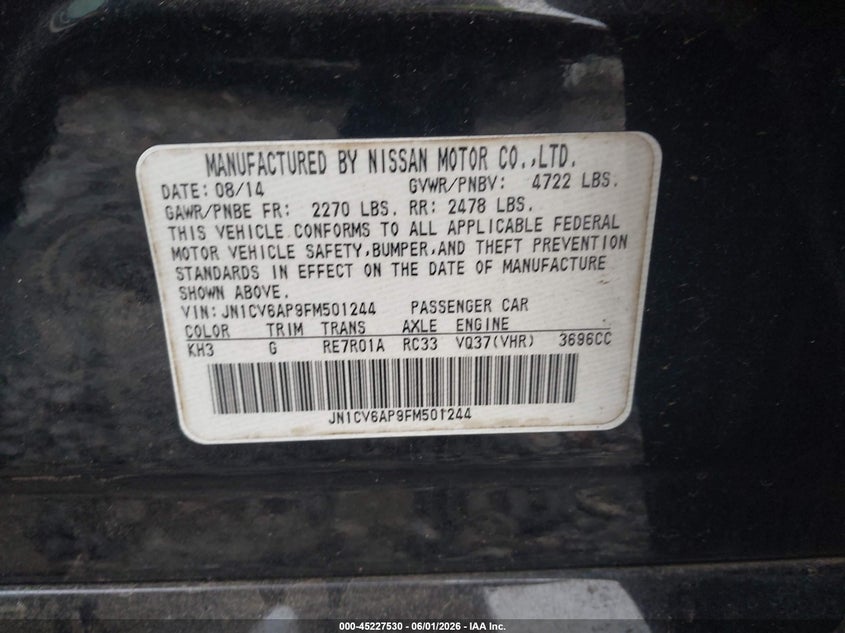 2015 Infiniti Q40 VIN JN1CV6AP9FM501244 IAAI salvage auction — NORMAL WEAR, Clear (Georgia), sold $400 on 2026-07-13 (photo 9)
