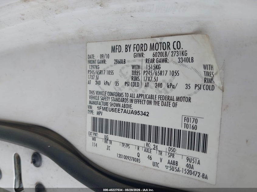 2010 Ford Explorer VIN 1FMEU6EE7AUA95342 IAAI salvage auction — FRONT END, Salvage (Georgia), sold $825 on 2026-07-27 (photo 9)