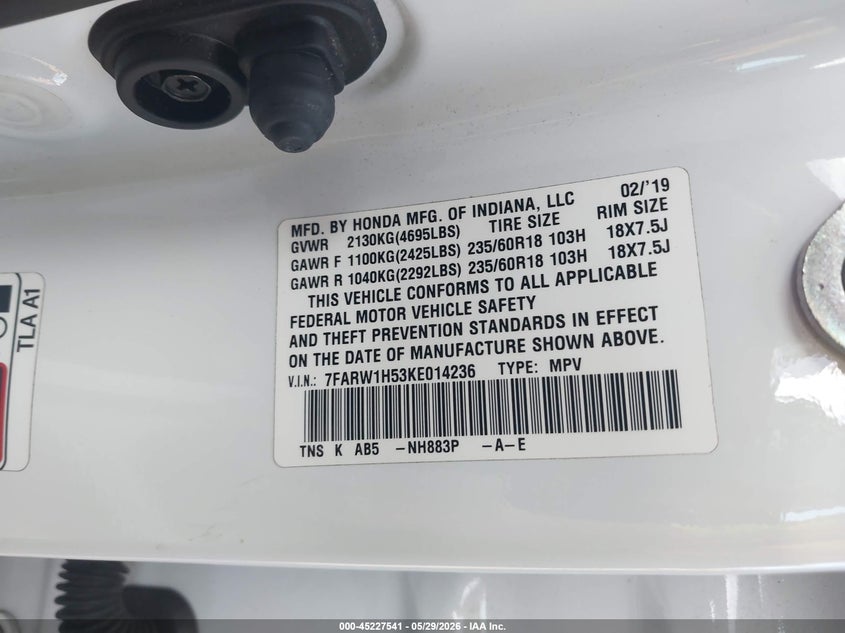 2019 Honda Cr-v VIN 7FARW1H53KE014236 IAAI salvage auction — BIO HAZARD, Salvage Title, sold $6,150 on 2026-07-07 (photo 9)