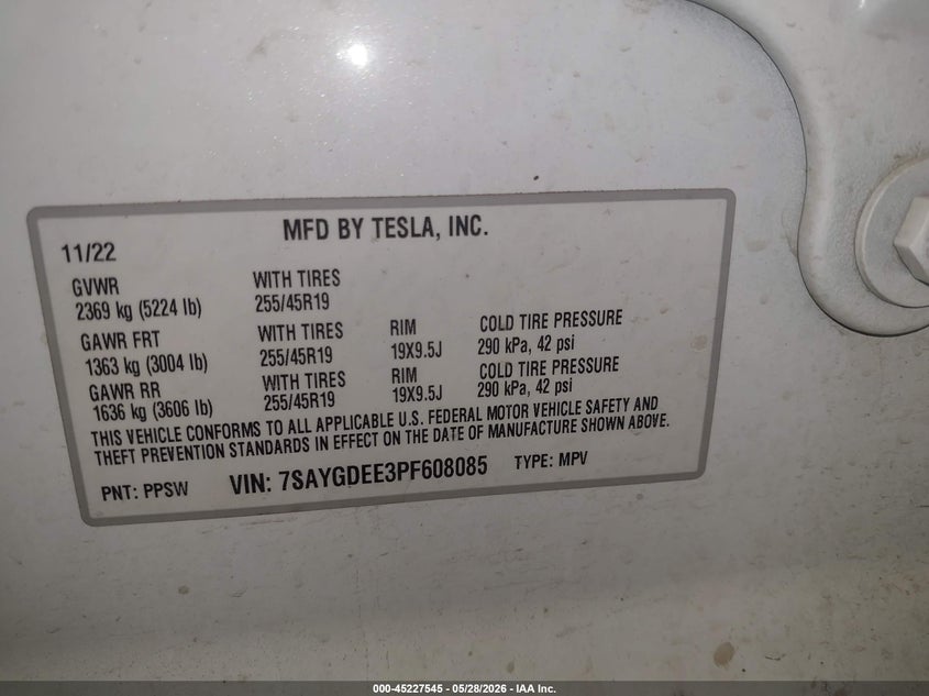 2023 Tesla Model y VIN 7SAYGDEE3PF608085 IAAI salvage auction — REAR END, Salvage Title, sold $9,200 on 2026-07-16 (photo 9)