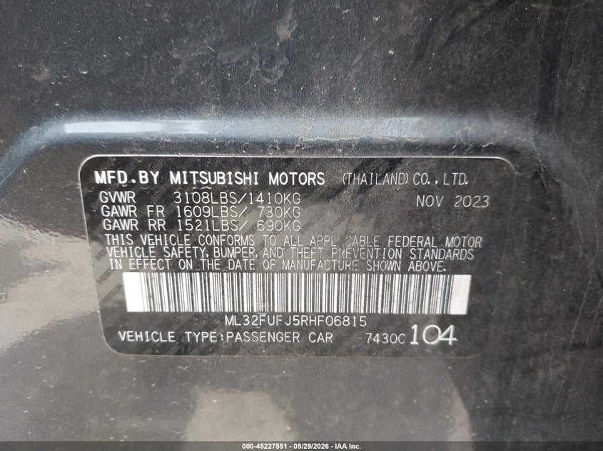 2024 Mitsubishi Mirage VIN ML32FUFJ5RHF06815 IAAI salvage auction — FRONT END, Salvage Title, sold $2,050 on 2026-07-25 (photo 9)