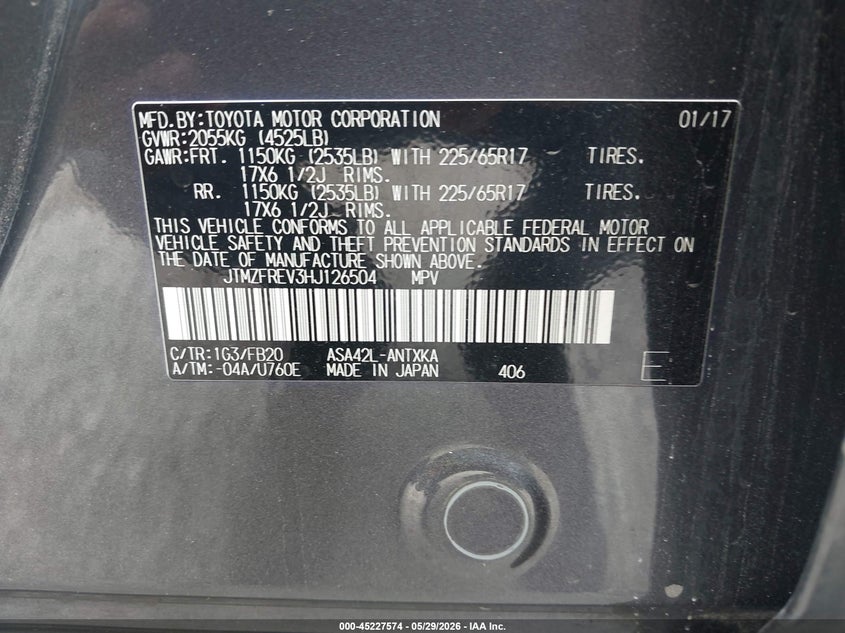 2017 Toyota Rav4 VIN JTMZFREV3HJ126504 IAAI salvage auction — HAIL, Clear (Oklahoma), sold $725 on 2026-07-21 (photo 9)