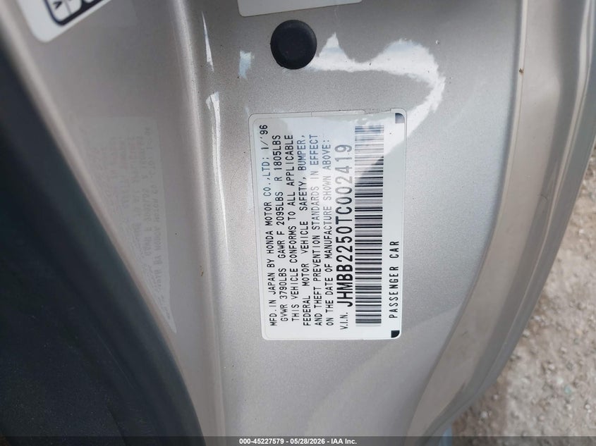 1996 Honda Prelude VIN JHMBB2250TC002419 IAAI salvage auction — FRONT END, Original (Texas), sold $1,000 on 2026-07-22 (photo 9)