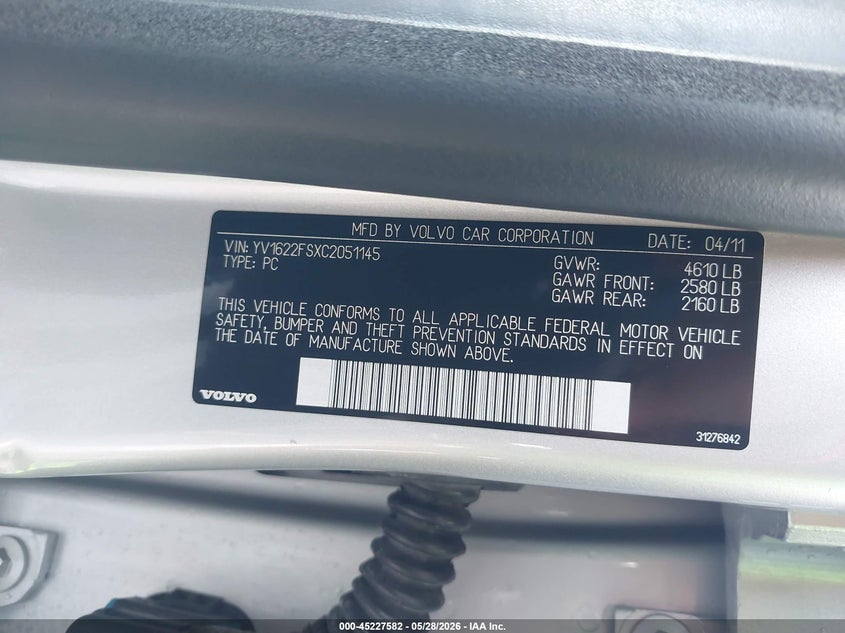 2012 Volvo S60 VIN YV1622FSXC2051145 IAAI salvage auction — FRONT END, Salvage Title, sold $175 on 2026-08-11 (photo 9)