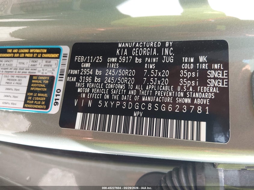 2025 Kia Telluride VIN 5XYP3DGC8SG623781 IAAI salvage auction — FRONT END, Salvage Title, sold $13,500 on 2026-07-22 (photo 9)