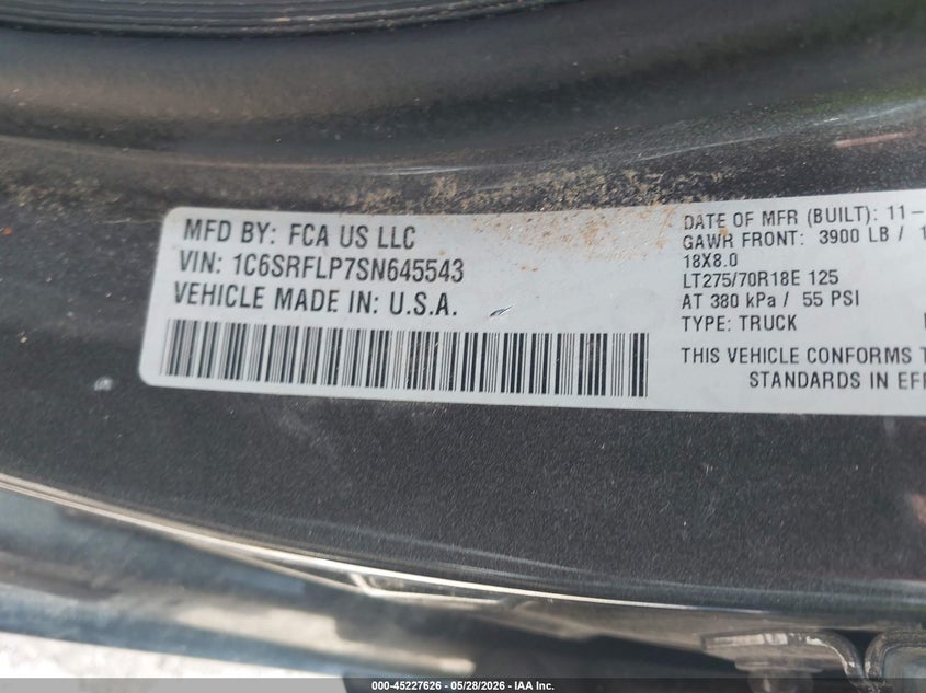2025 Ram 1500 VIN 1C6SRFLP7SN645543 IAAI salvage auction — RIGHT REAR, Salvage Title, sold $19,200 on 2026-08-03 (photo 9)