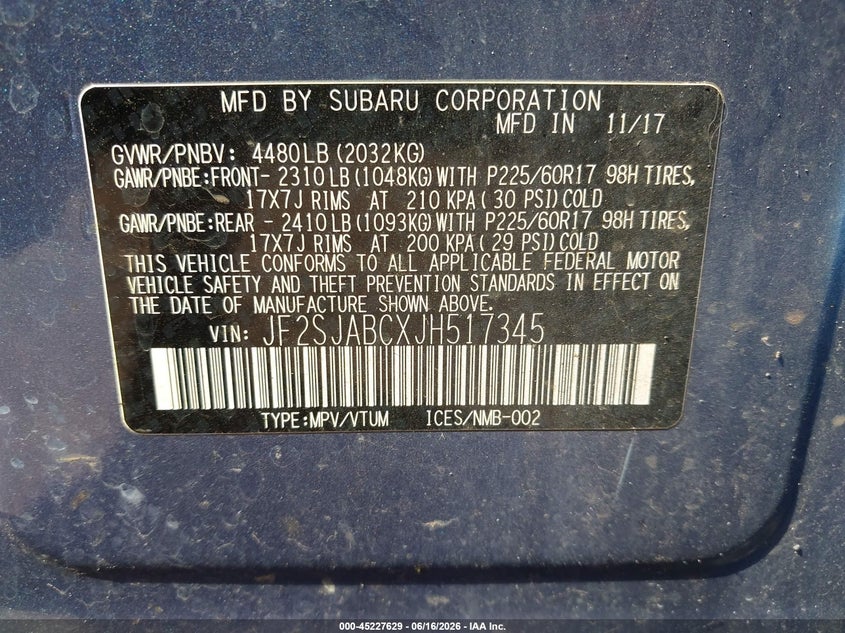 2018 Subaru Forester VIN JF2SJABCXJH517345 IAAI salvage auction — HAIL, Salvage (Ohio), sold $3,100 on 2026-07-13 (photo 9)