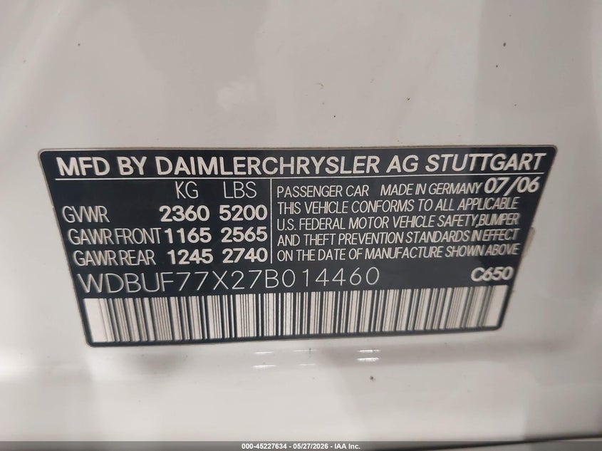 2007 Mercedes-benz E-class VIN WDBUF77X27B014460 IAAI salvage auction — ALL OVER, Clear (New York), sold $500 on 2026-07-22 (photo 9)