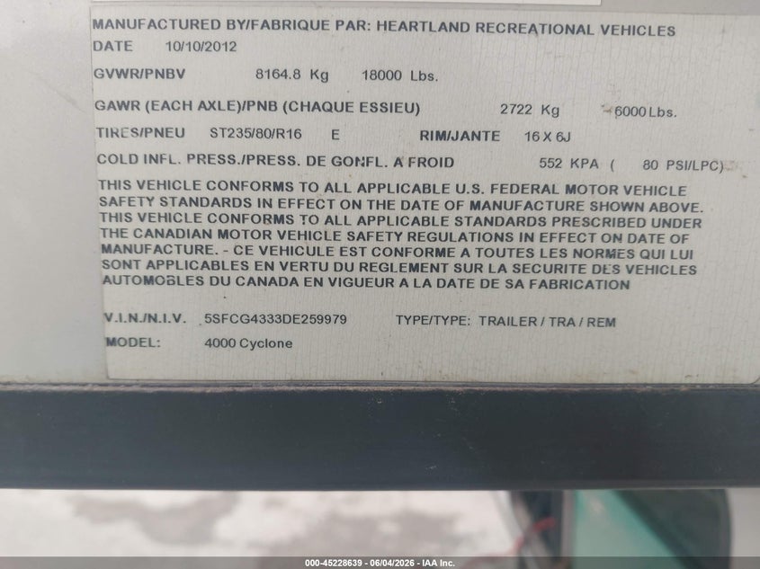 2013 Heartland 4000 cyclone VIN 5SFCG4333DE259979 IAAI salvage auction — HAIL, Original (Texas), sold $225 on 2026-07-29 (photo 9)