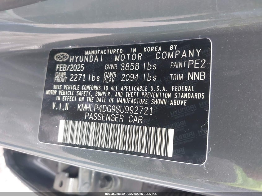 2025 Hyundai Elantra VIN KMHLP4DG9SU992721 IAAI salvage auction — FRONT END, Bill Of Sale (Washington), sold $6,200 on 2026-07-07 (photo 9)