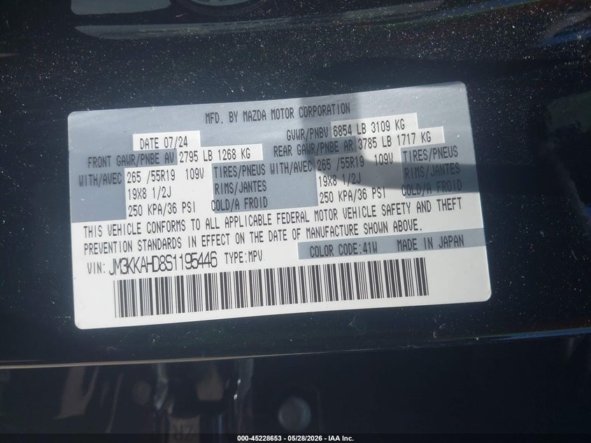 2025 Mazda Cx-90 VIN JM3KKAHD8S1195446 IAAI salvage auction — FRONT END, Salvage Title, sold $8,750 on 2026-07-15 (photo 9)