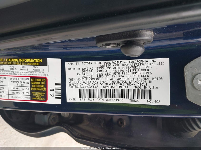 2008 Toyota Tacoma VIN 5TELU42N48Z564442 IAAI salvage auction — FRONT END, Salvage (Oregon), sold $7,600 on 2026-07-08 (photo 9)