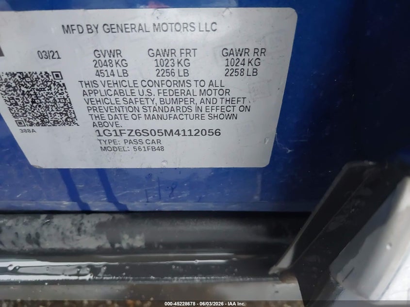 2021 Chevrolet Bolt euv VIN 1G1FZ6S05M4112056 IAAI salvage auction — FRONT END, Salvage Title, sold $6,600 on 2026-07-11 (photo 9)