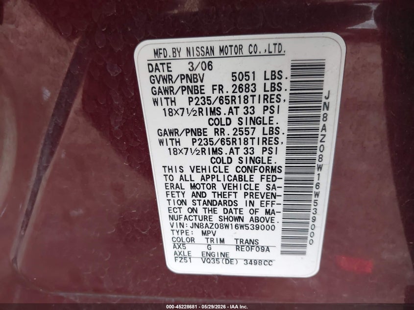 2006 Nissan Murano VIN JN8AZ08W16W539000 IAAI salvage auction — FRONT END, Clear (Oklahoma), sold $800 on 2026-07-08 (photo 9)