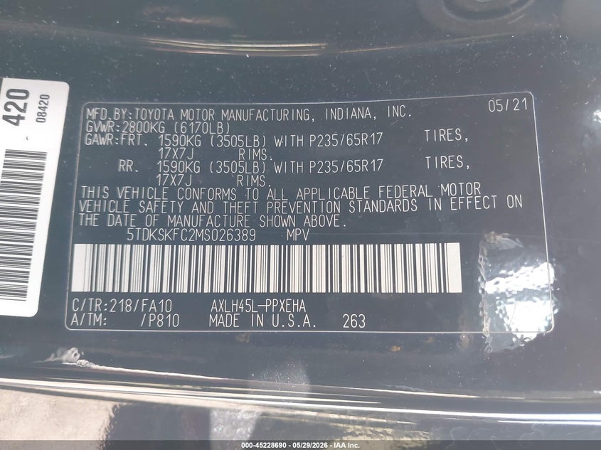 2021 Toyota Sienna VIN 5TDKSKFC2MS026389 IAAI salvage auction — REAR END, Salvage Title, sold $9,600 on 2026-07-15 (photo 9)