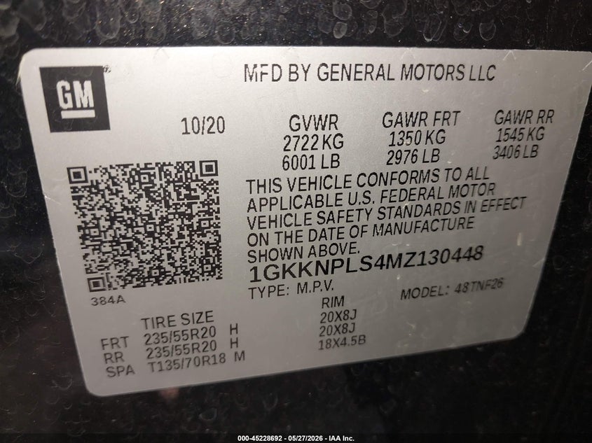 2021 Gmc Acadia VIN 1GKKNPLS4MZ130448 IAAI salvage auction — FRONT END, Salvage (Tennessee), sold $3,250 on 2026-07-10 (photo 9)