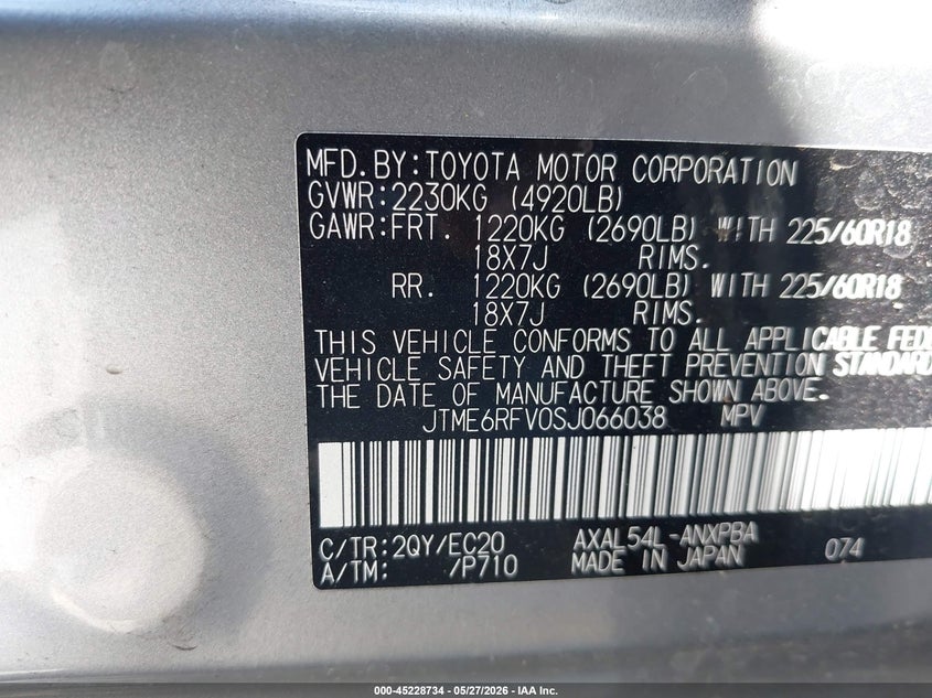 2025 Toyota VIN JTME6RFV0SJ066038 IAAI salvage auction — FRONT END, Salvage (California), sold $17,300 on 2026-07-20 (photo 9)