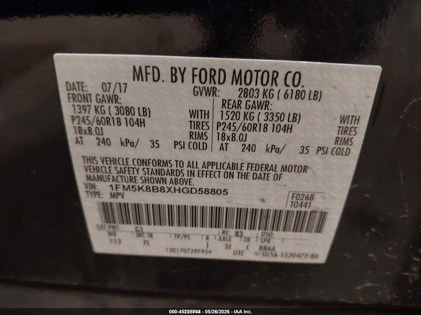 2017 Ford Explorer VIN 1FM5K8B8XHGD58805 IAAI salvage auction — NORMAL WEAR, SF97 (South Dakota), sold $15,075 on 2026-07-09 (photo 9)