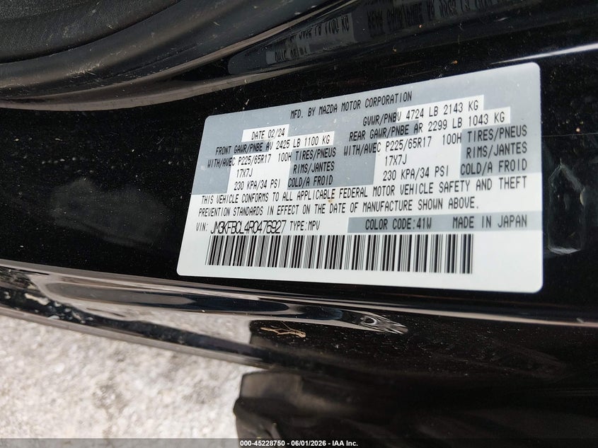 2024 Mazda Cx-5 VIN JM3KFBCL4R0476927 IAAI salvage auction — FRONT END, Salvage (Kentucky), sold $3,050 on 2026-07-29 (photo 9)