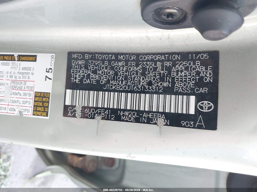 2006 Toyota Prius VIN JTDKB20U163133312 IAAI salvage auction — FRONT END, Prior Salvage (Minnesota), sold $275 on 2026-07-20 (photo 9)