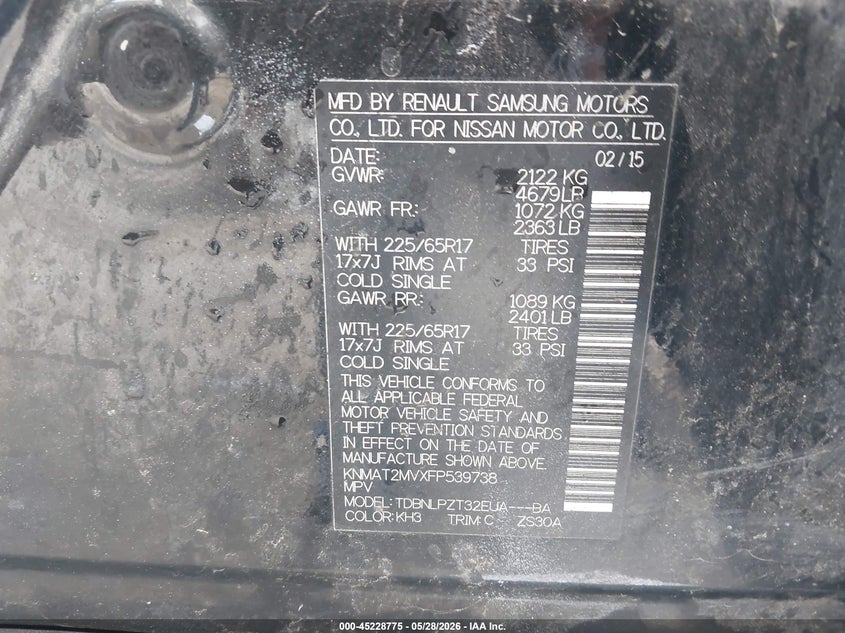 2015 Nissan Rogue VIN KNMAT2MVXFP539738 IAAI salvage auction — FRONT & REAR, Salvage (Texas), sold $1,000 on 2026-07-07 (photo 9)