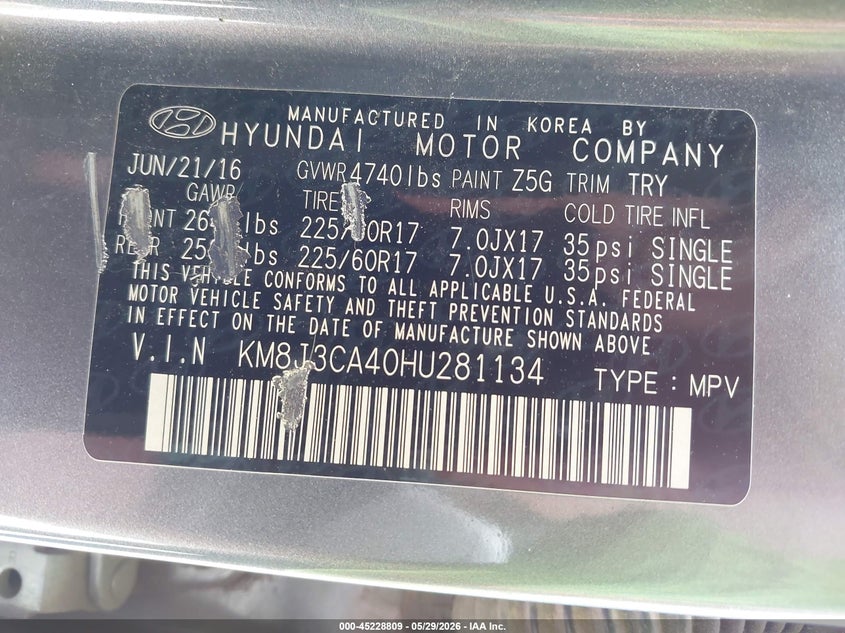 2017 Hyundai Tucson VIN KM8J3CA40HU281134 IAAI salvage auction — LEFT REAR, Salvage Title, sold $1,300 on 2026-07-29 (photo 9)