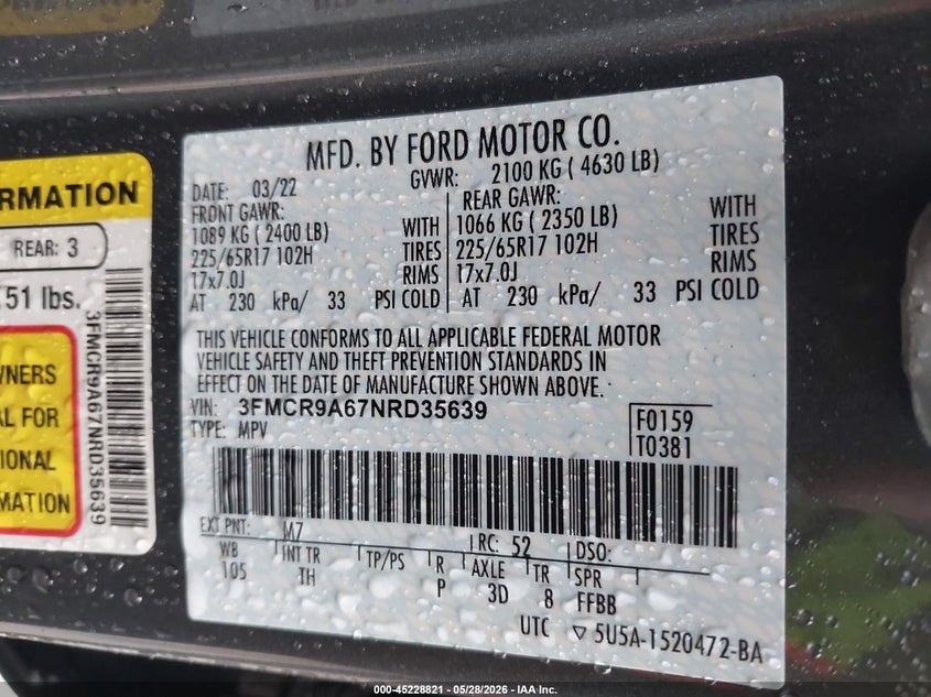 2022 Ford Bronco sport VIN 3FMCR9A67NRD35639 IAAI salvage auction — HAIL, Salvage Title, sold $9,550 on 2026-08-21 (photo 9)