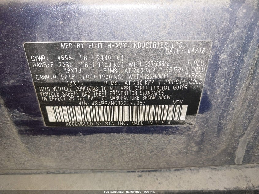 2016 Subaru Outback VIN 4S4BSANC8G3327987 IAAI salvage auction — FRONT END, Salvage (Colorado), sold $1,400 on 2026-07-22 (photo 9)