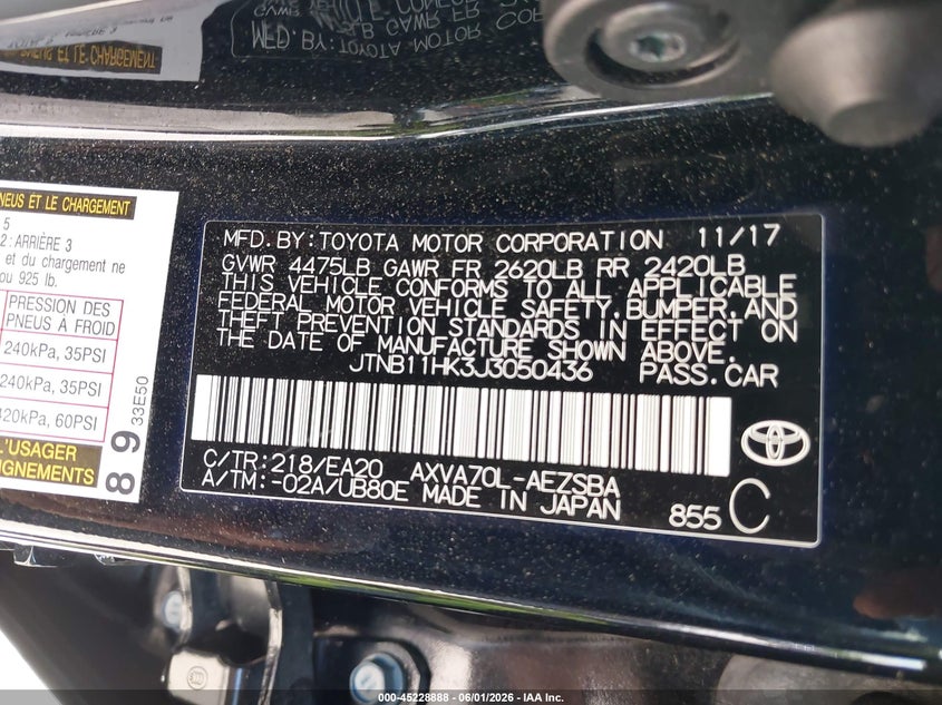 2018 Toyota Camry VIN JTNB11HK3J3050436 IAAI salvage auction — FRONT END, Salvage Title, sold $3,400 on 2026-07-28 (photo 9)