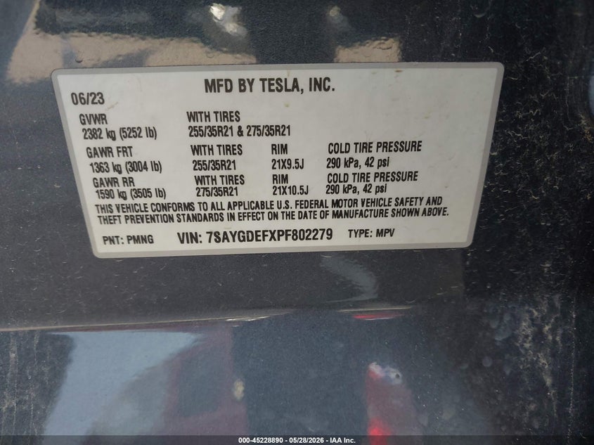 2023 Tesla Model y VIN 7SAYGDEFXPF802279 IAAI salvage auction — BIO HAZARD, Salvage Title, sold $9,550 on 2026-07-23 (photo 9)