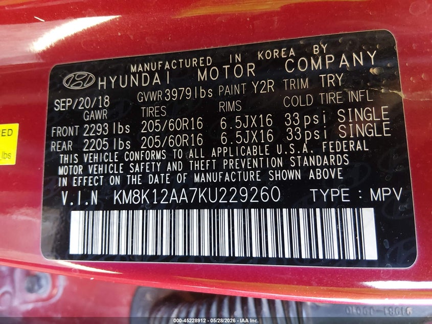 2019 Hyundai Kona VIN KM8K12AA7KU229260 IAAI salvage auction — FRONT END, Salvage Title, sold $1,400 on 2026-07-14 (photo 9)