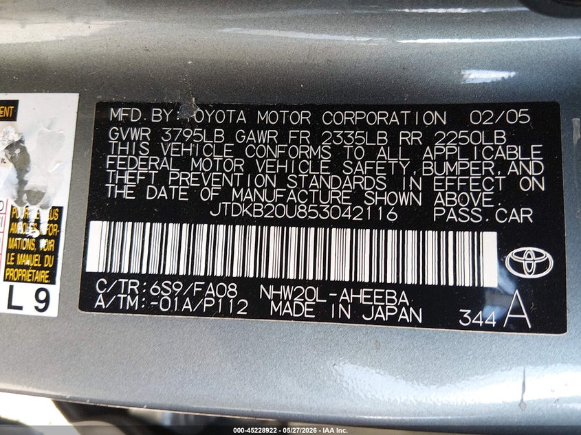 2005 Toyota Prius VIN JTDKB20U853042116 IAAI salvage auction — FRONT & REAR, Salvage (California), sold $300 on 2026-07-29 (photo 9)