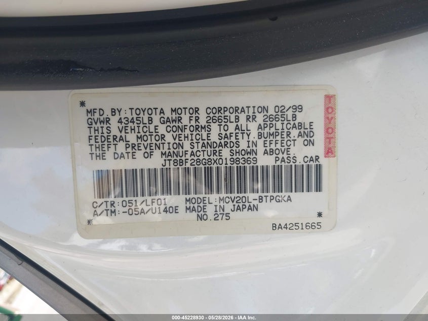 1999 Lexus ES VIN JT8BF28G8X0198369 IAAI salvage auction — FRONT END, Salvage (California), sold $525 on 2026-07-28 (photo 9)