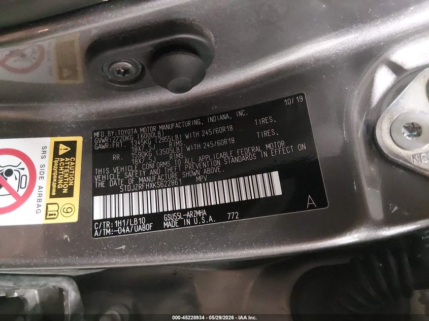 2019 Toyota Highlander VIN 5TDJZRFHXKS622861 IAAI salvage auction — HAIL, Salvage Title, sold $14,750 on 2026-07-28 (photo 9)