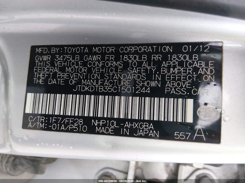 2012 Toyota Prius c VIN JTDKDTB35C1501244 IAAI salvage auction — HAIL, Clear (Missouri), sold $950 on 2026-07-06 (photo 9)