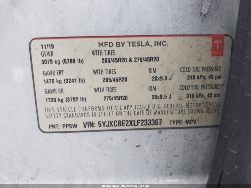 2020 Tesla Model x VIN 5YJXCBE2XLF233367 IAAI salvage auction — RIGHT REAR, Salvage (California), sold $8,250 on 2026-07-09 (photo 9)